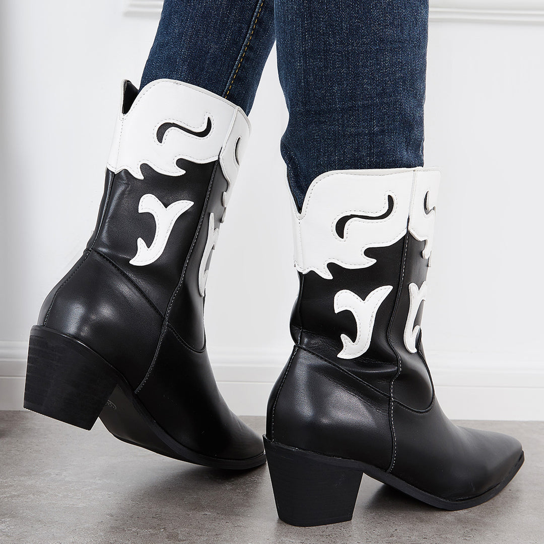 Pointed Toe Western Cowgirl Booties Pull on Chunky Heel Ankle Boots