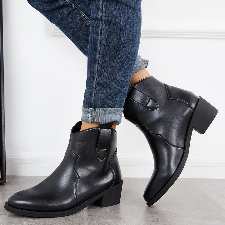Black Western Cowgirl Booties Pull on Chunky Heel Ankle Boots