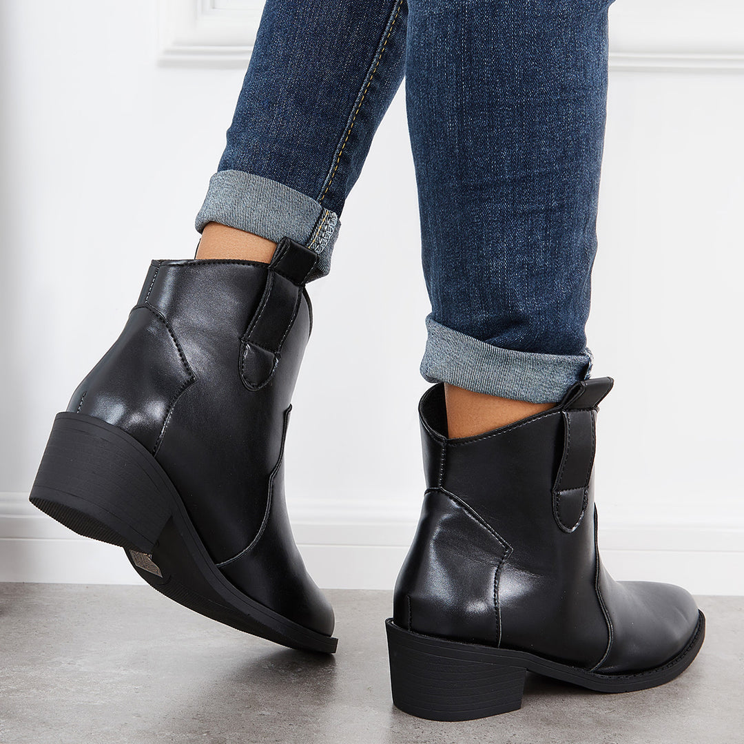 Black Western Cowgirl Booties Pull on Chunky Heel Ankle Boots