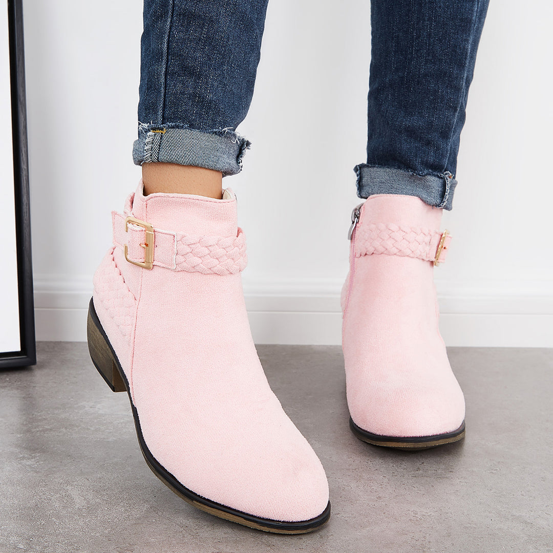 Pink Braided Straps Ankle Boots Side Zipper Chunky Block Heel Booties