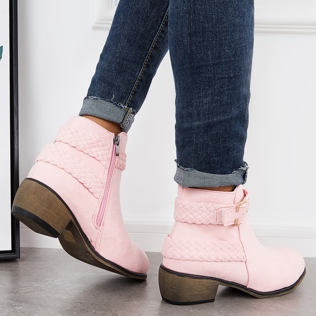 Pink Braided Straps Ankle Boots Side Zipper Chunky Block Heel Booties