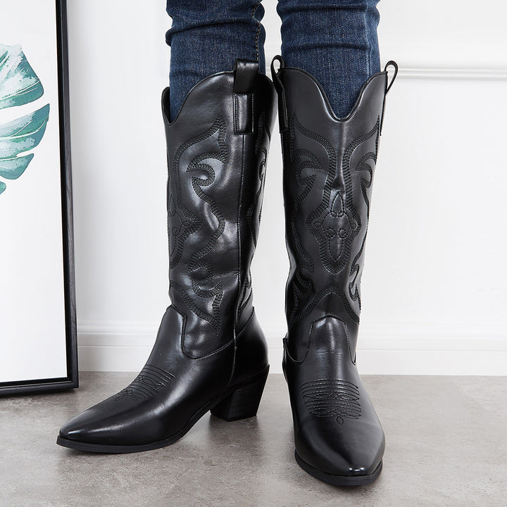 Embroidered Mid Calf Cowboy Boots Western Chunky Heel Boots