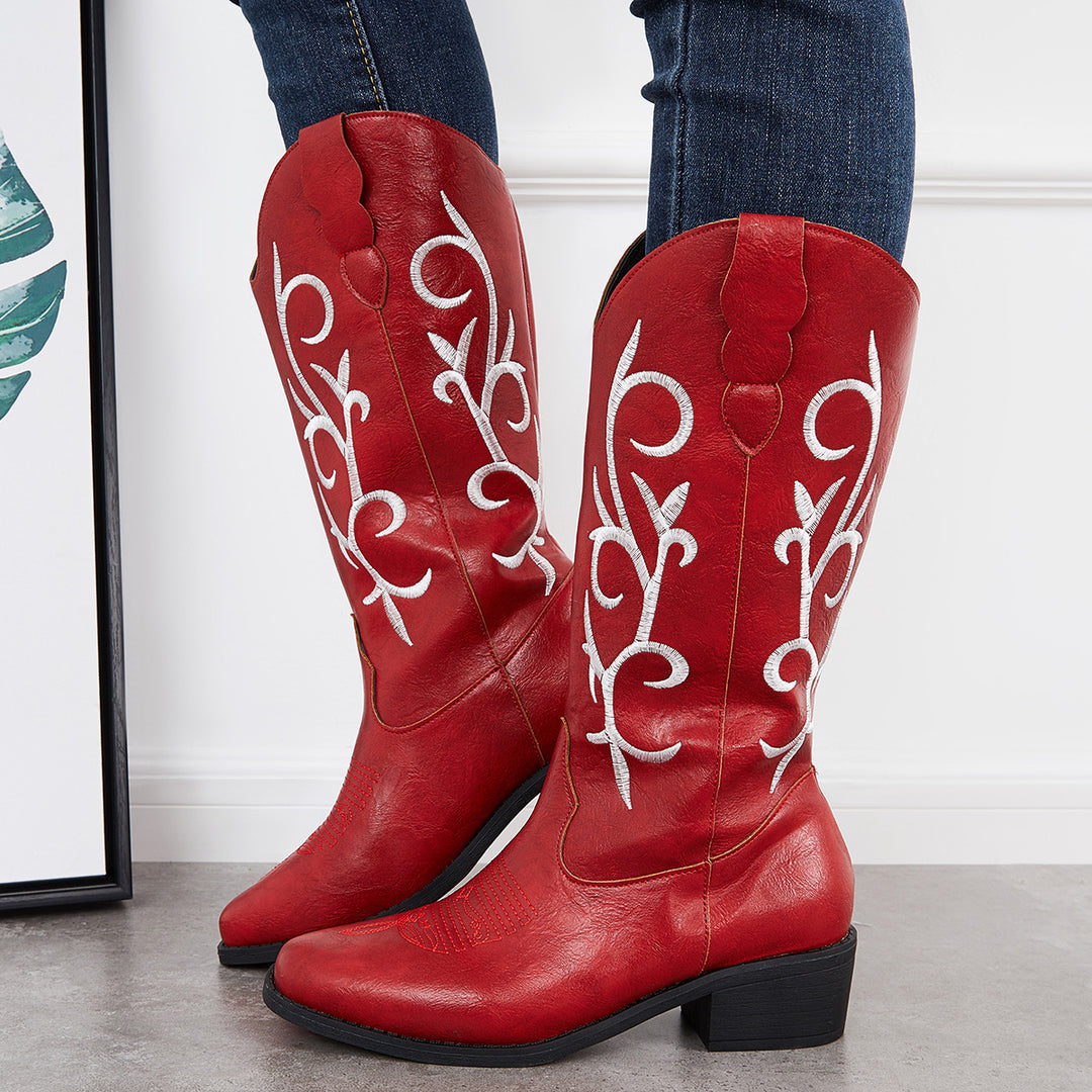 Embroidered Mid Calf Booties Western Cowgirl Chunky Heel Boots