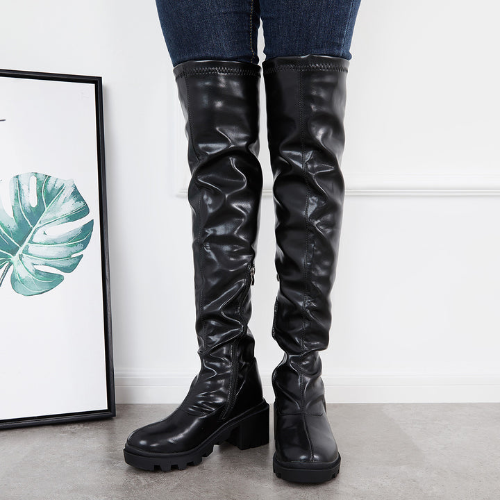 Stretchy Platform Lug Sole Thigh High Boots Chunky Heel Over The Knee Boots