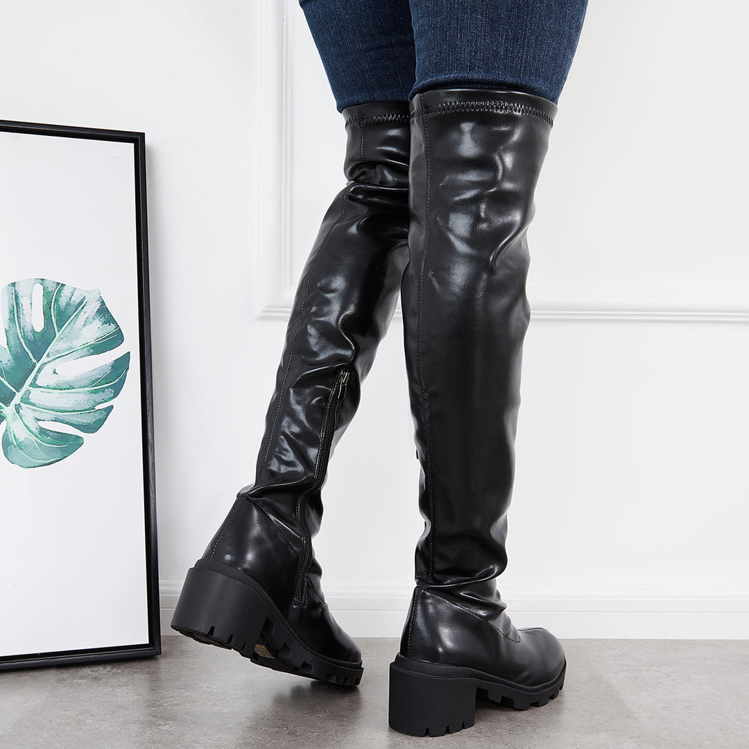 Stretchy Platform Lug Sole Thigh High Boots Chunky Heel Over The Knee Boots