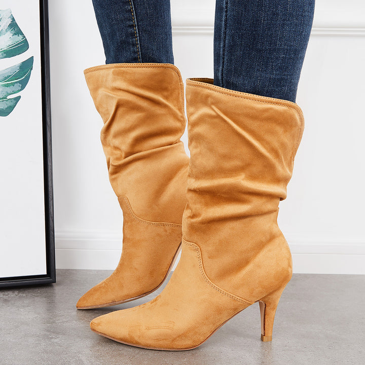 Slouchy Pointed Toe Mid Calf Boots Pull On Stilettos High Heel Boots