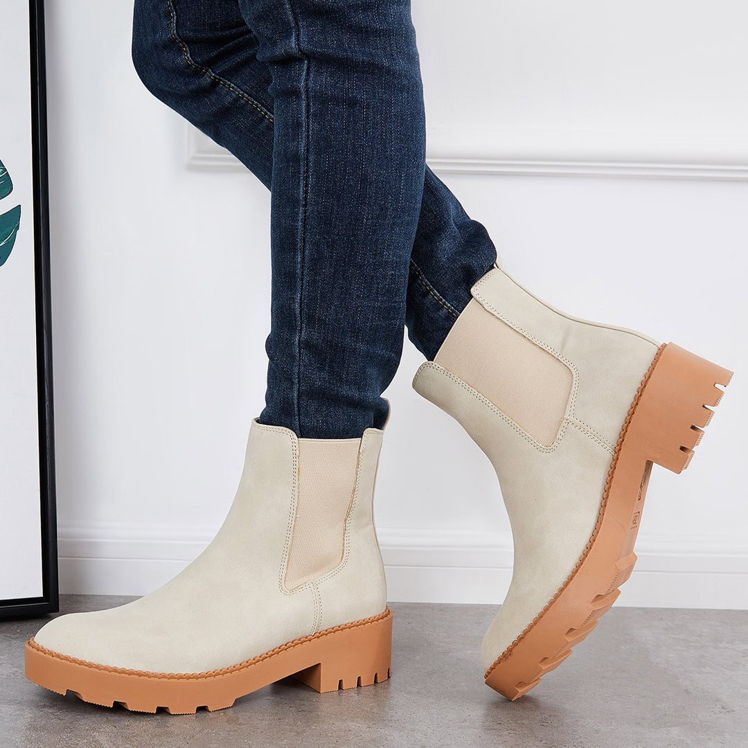 Round Toe Platform Chelsea Boots Chunky Block Heel Ankle Booties