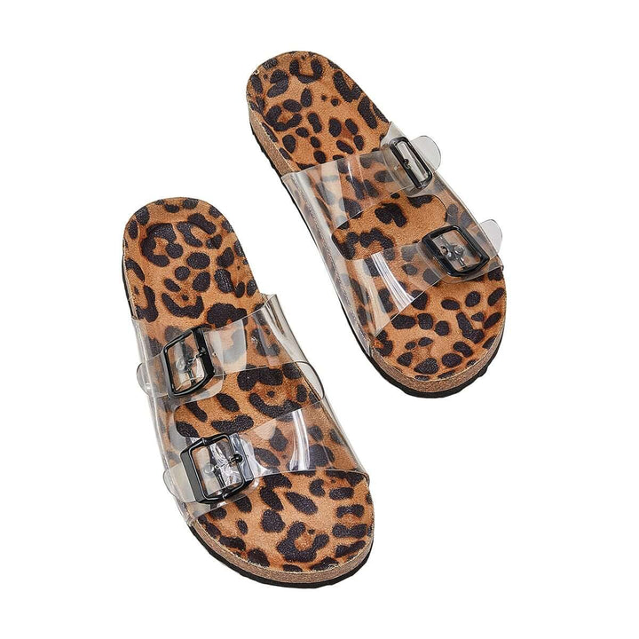 Clear Two Buckle Flat Slippers Slip on Cork Footbed Sandals