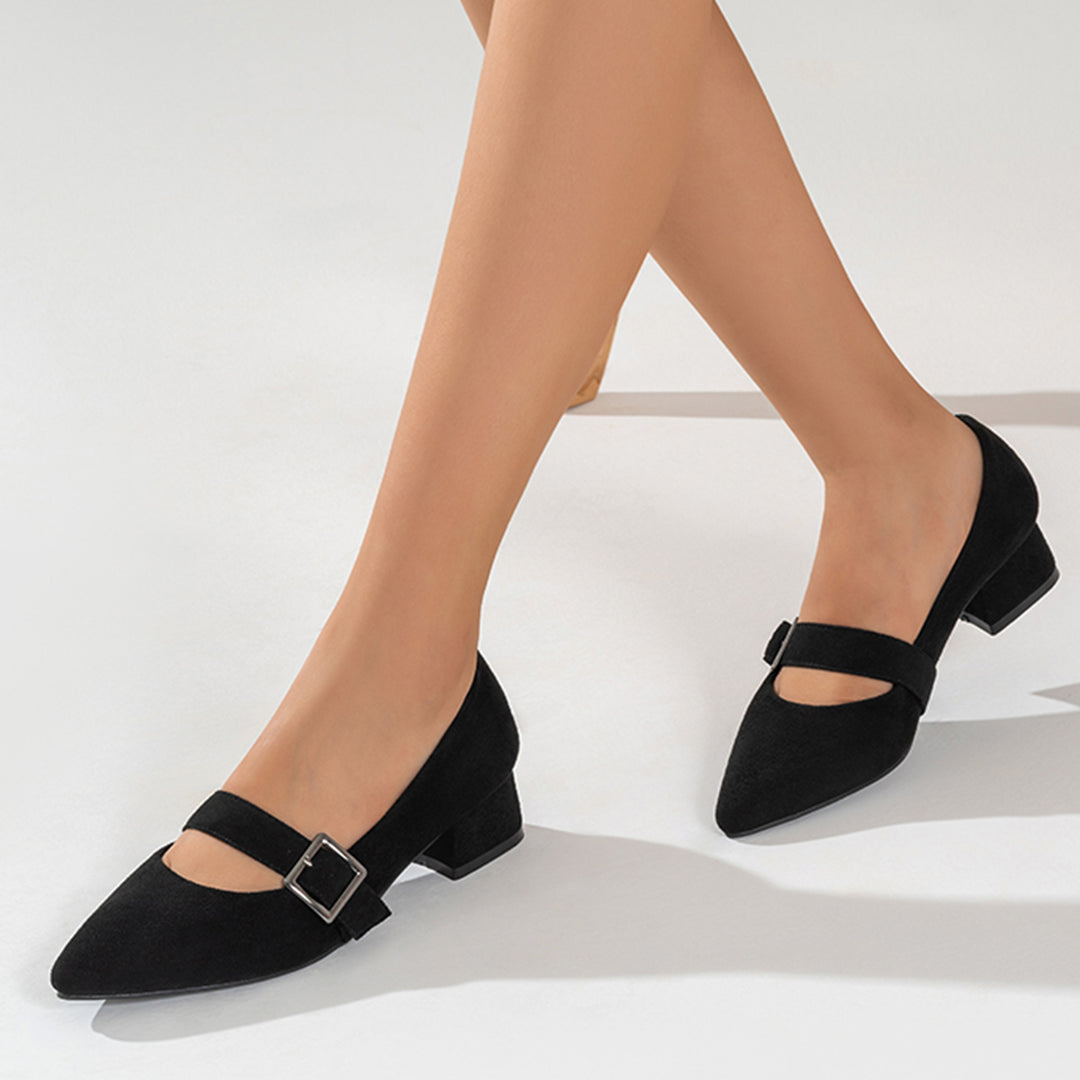 Black Mary Jane Dress Shoes Pointy Toe Low Block Heel Pumps