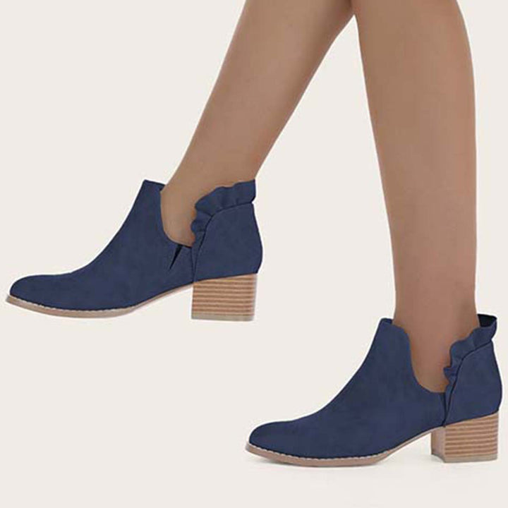 Ruffle Cutout Ankle Boots Slip on Chunky Stacked Heel Booties