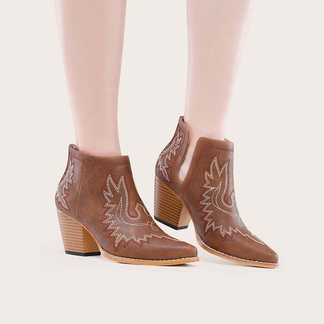 Coutout Western Cowgirl Boots Slip on Chunky Heel Ankle Booties