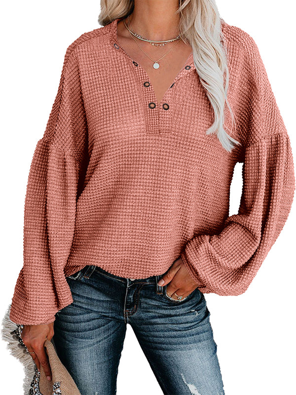 Women Waffle Knit Tops V Neck Long Sleeve Slouchy Loose Pullover Blouses