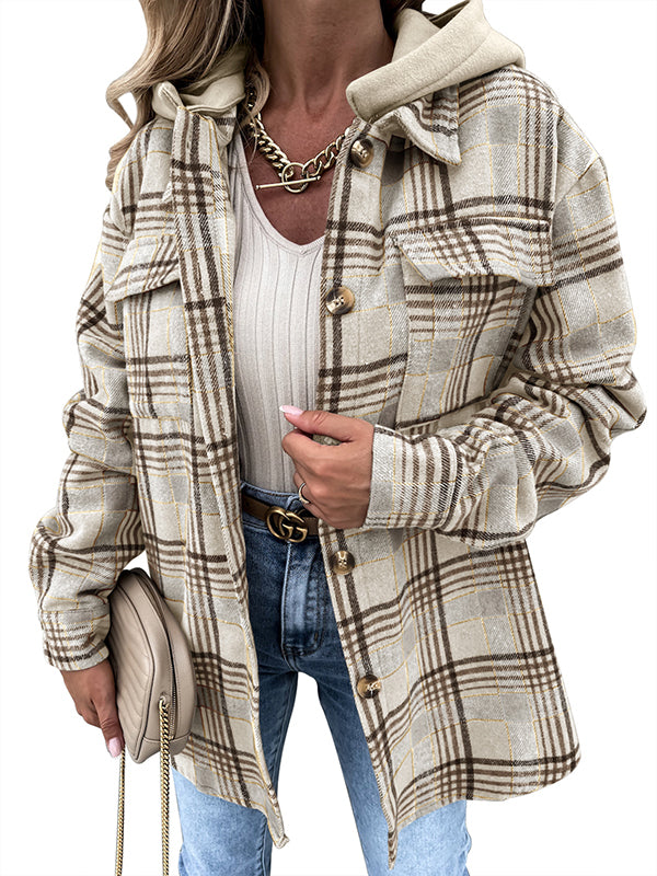 Women Long Sleeve Flannel Plaid Shacket Button Down Jacket Hooded Coat