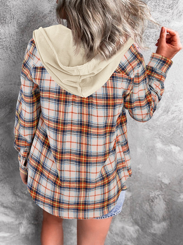 Women Long Sleeve Plaid Hoodie Jacket Button Down Blouse Tops