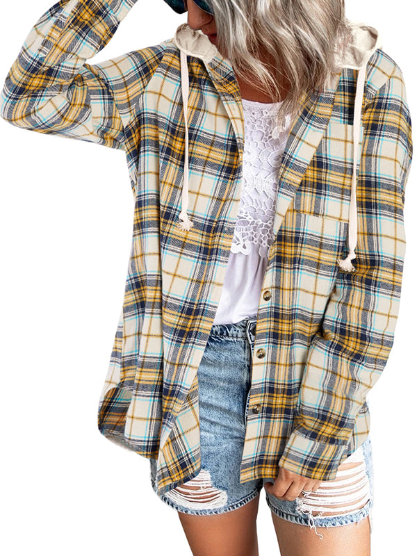 Women Long Sleeve Plaid Hoodie Jacket Button Down Blouse Tops
