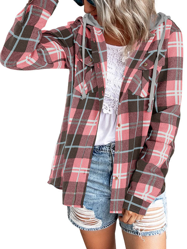 Womens Long Sleeve Plaid Hoodie Jacket Casual Blouse Tops