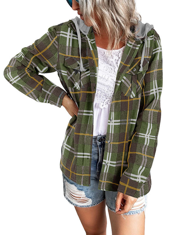 Womens Long Sleeve Plaid Hoodie Jacket Casual Blouse Tops