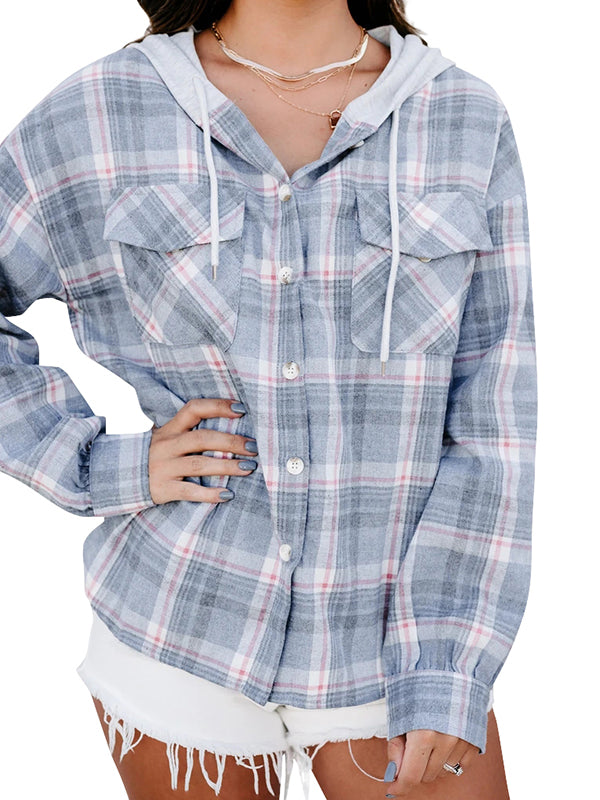 Women Plaid Button Front Long Sleeve Drawstring Hoodie Overshirt Jacket