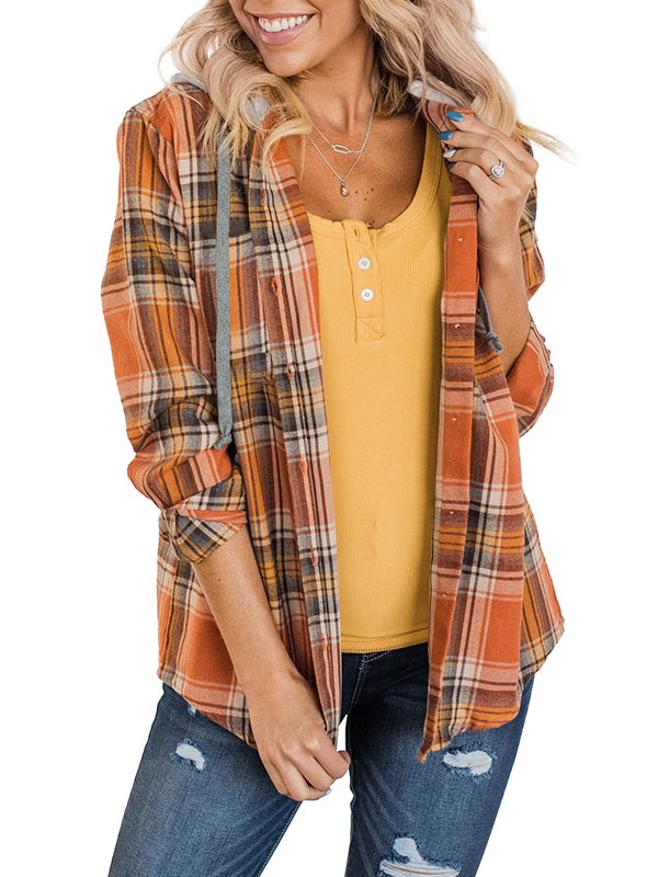 Womens Plaid Hoodie Jacket Button Down Long Sleeve Blouse Tops