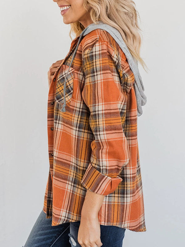 Womens Plaid Hoodie Jacket Button Down Long Sleeve Blouse Tops