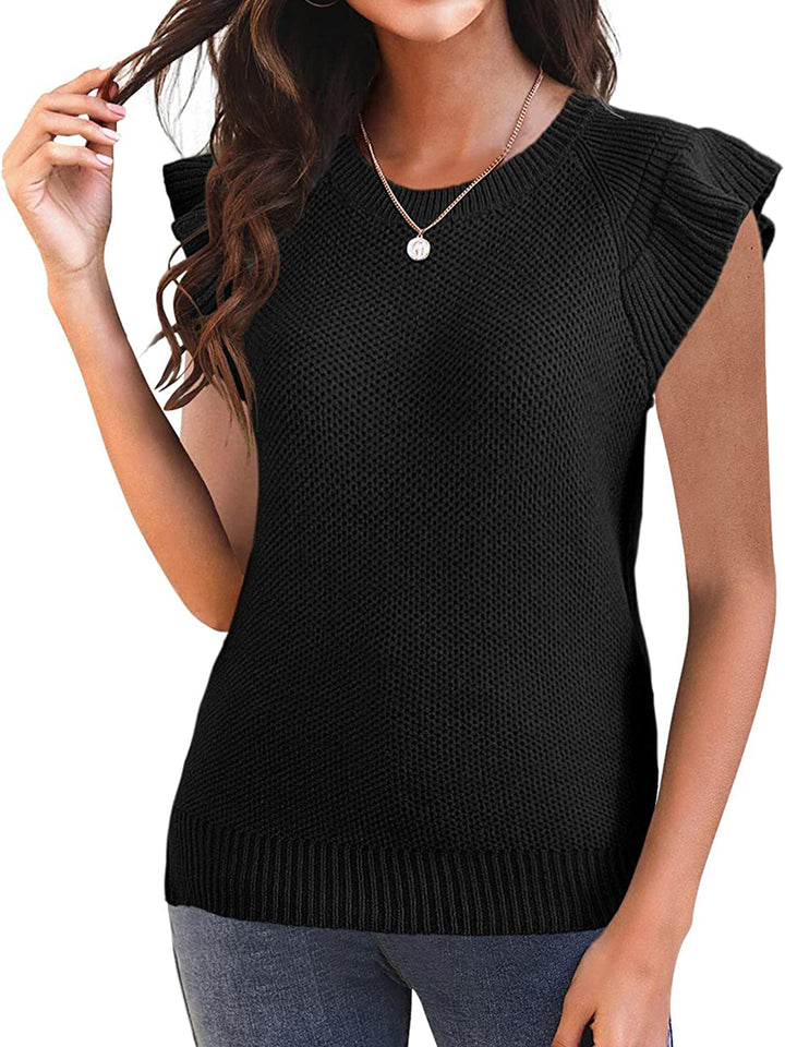 Womens Ruffle Summer Sleeveless Sweater Tank Tops Casual High Neck Solid Color Fitted Knit Vest Shirts
