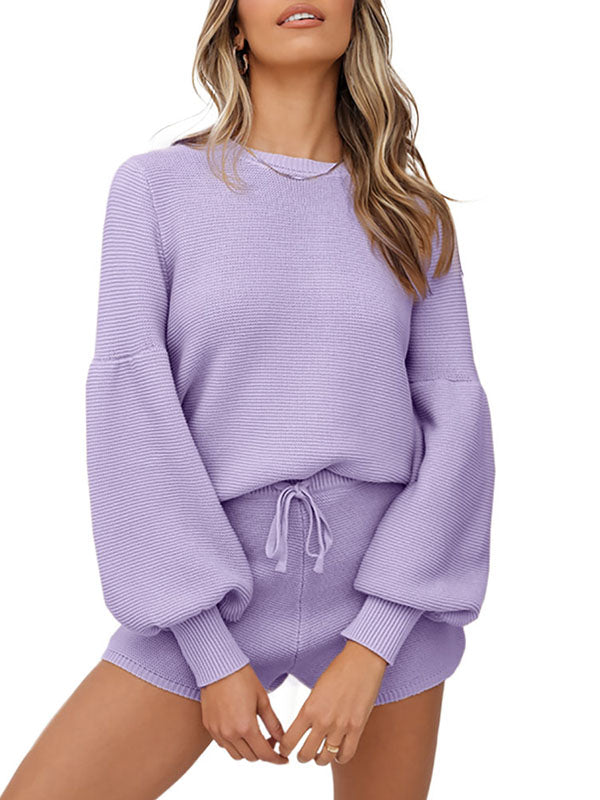 Womens Two Piece Lounge Sets Latern Long Sleeve Crop Top And Drawstring Shorts Sweater Pajamas