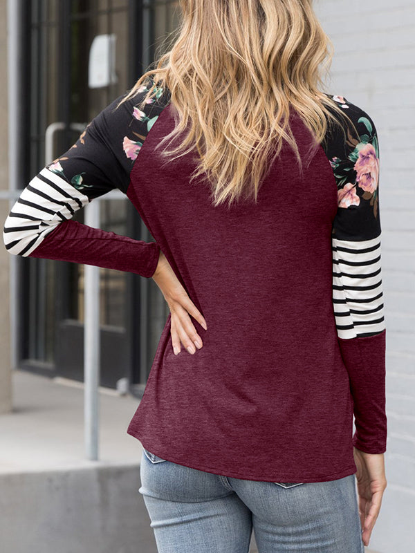 Women's Floral Print Stripe Pullover Long Sleeve Shirts Tops