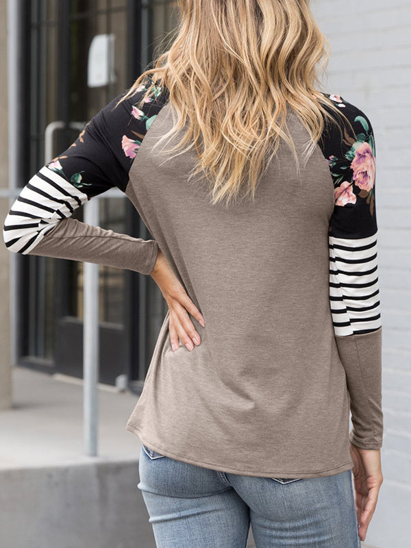 Women's Floral Print Stripe Pullover Long Sleeve Shirts Tops