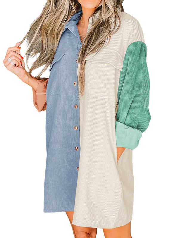 Women Corduroy Jacket Shirts Lapel Long Sleeve Pocket Oversized Button Down Shirt Dress