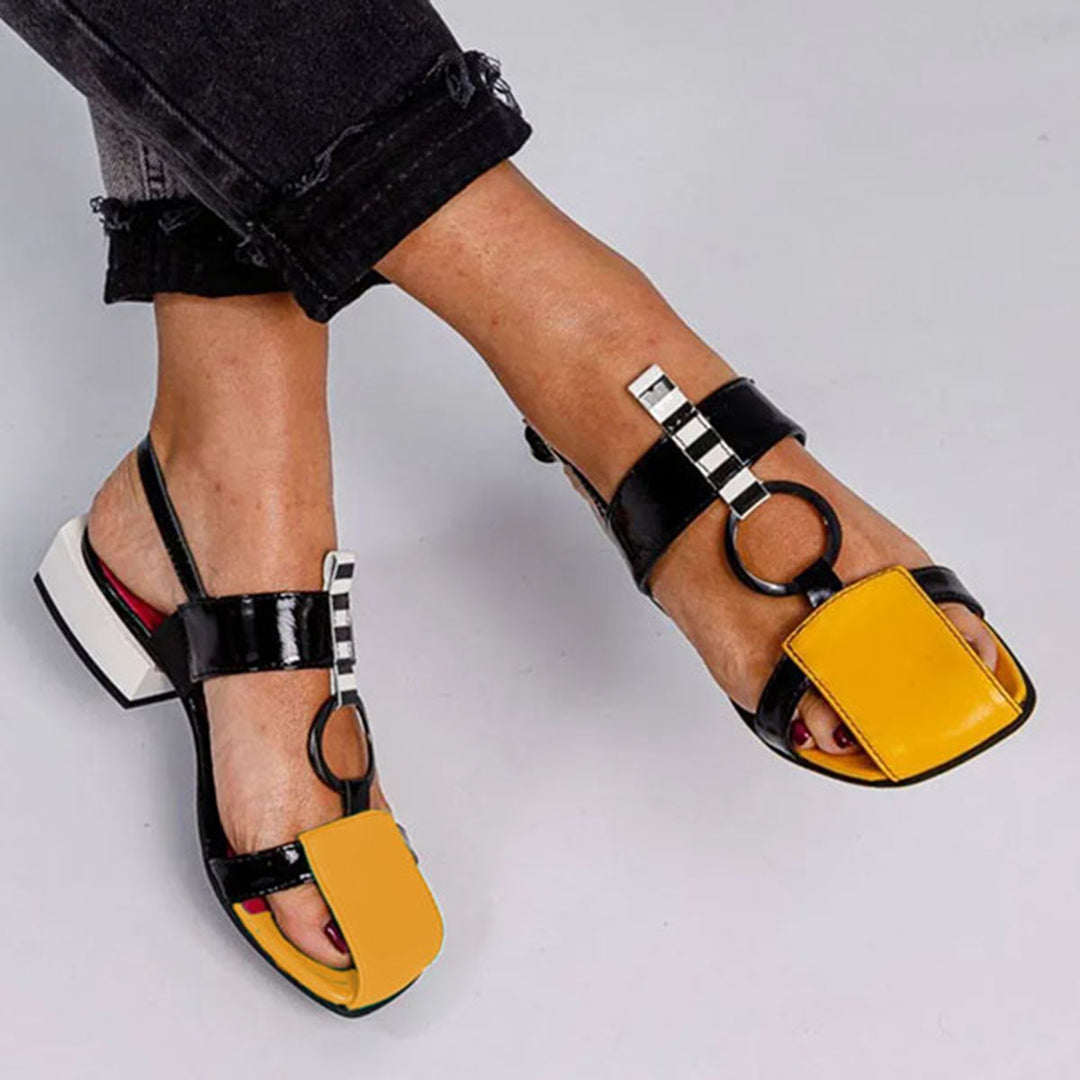 Square Toe Mix Color Faux Leather Block Low Heel Sandals