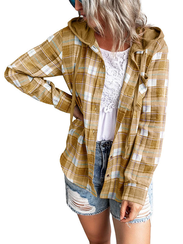 Womens Long Sleeve Plaid Hoodie Jacket Button Down Casual Blouse Shirts Tops