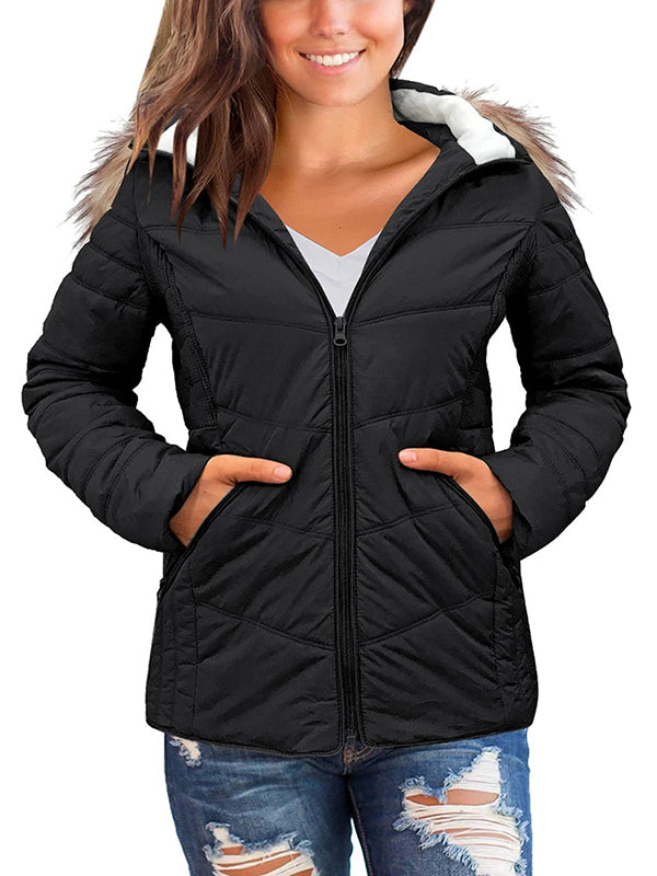 Women's Puffer Quilted Jacket With Pocket Faux Wool Hoodie Winter Outerwear Coats
