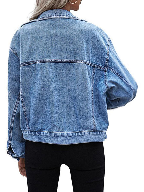 Women Vintage Blue Frayed Denim Jacket Coat Slim Short Cowboy Long Sleeve Jeans Jacket