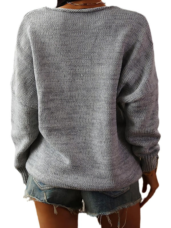 Women V Neck Loose Ribbed Knit Sweater Long Sleeve Pullover Tops