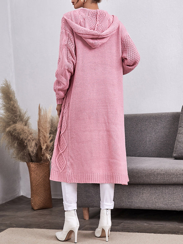 Womens Cable Knit Long Cardigans Knitted Hooded Outerwear Sweater Coat