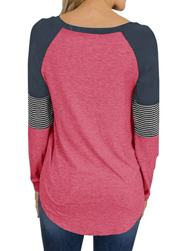 Womens Long Sleeve Crewneck Sweatshirt Stried Splicing Loose Pullover Tops