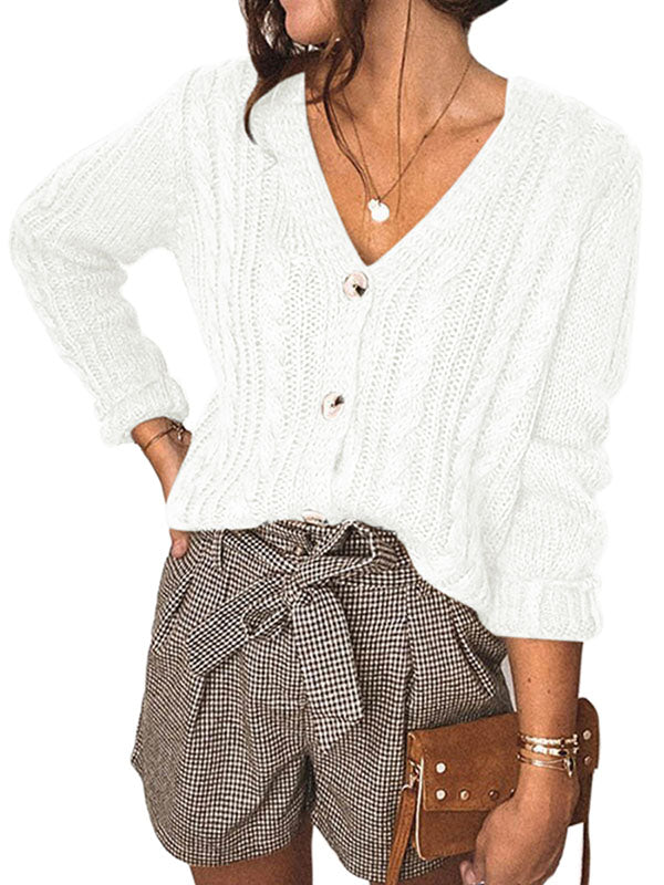 Women V Neck Ribbed Knit Button Down Sweaters Long Sleeve Pullover Tops