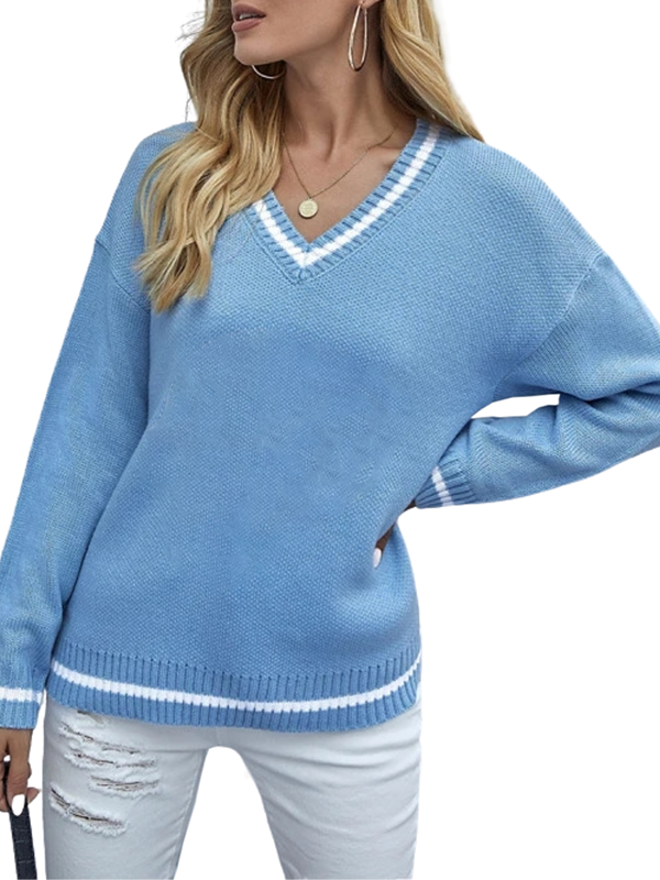 Women Knitted Crop Deep V-Neck Slim Fitted Tops Long Sleeve Pullover Off Sweater