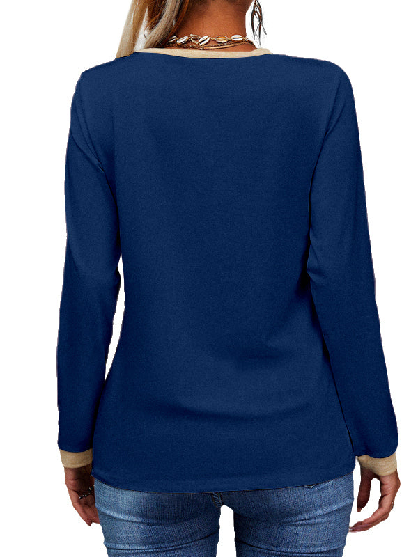 Women Long Sleeve Slim Fit T-Shirts V Neck Knit Ribbed Henley Shirt Tops