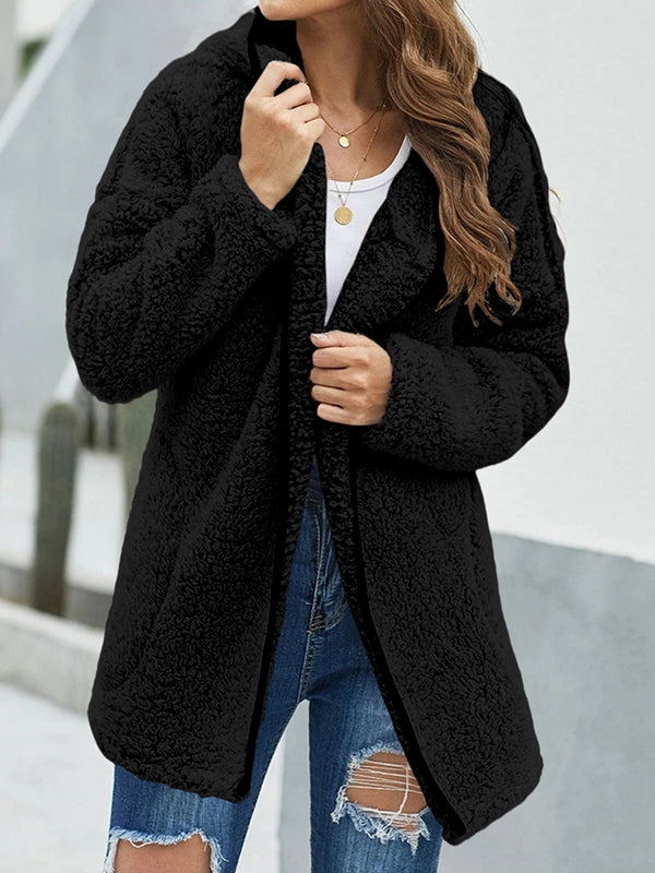 Women Long Sleeve Solid Fuzzy Fleece Jacket Open Front Hooded Cardigan Coat