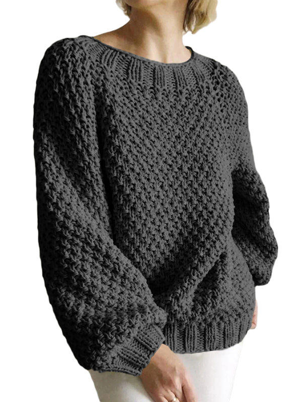 Women Long Lantern Sleeve Knit Sweater Crewneck Loose Pullover Jumper Tops