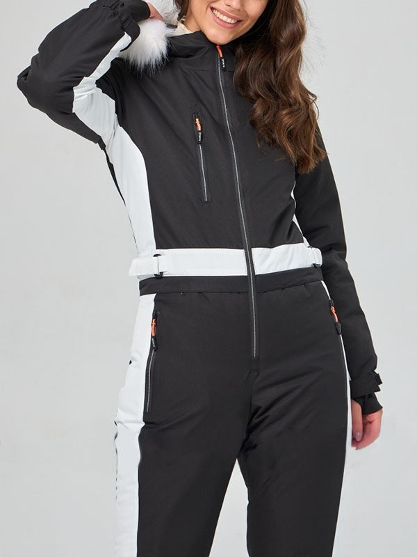 Women Onesies Ski Suits Winter Outdoor Sports Jumpsuit Fur Collar Coat Hooded Snowsuit