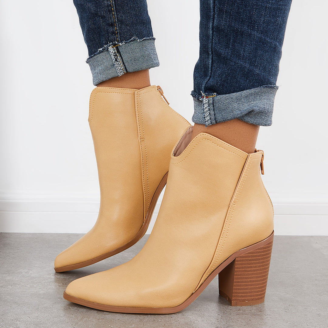 Women Ankle Boots Cutout Pointed Toe Chunky Heel Western Booties