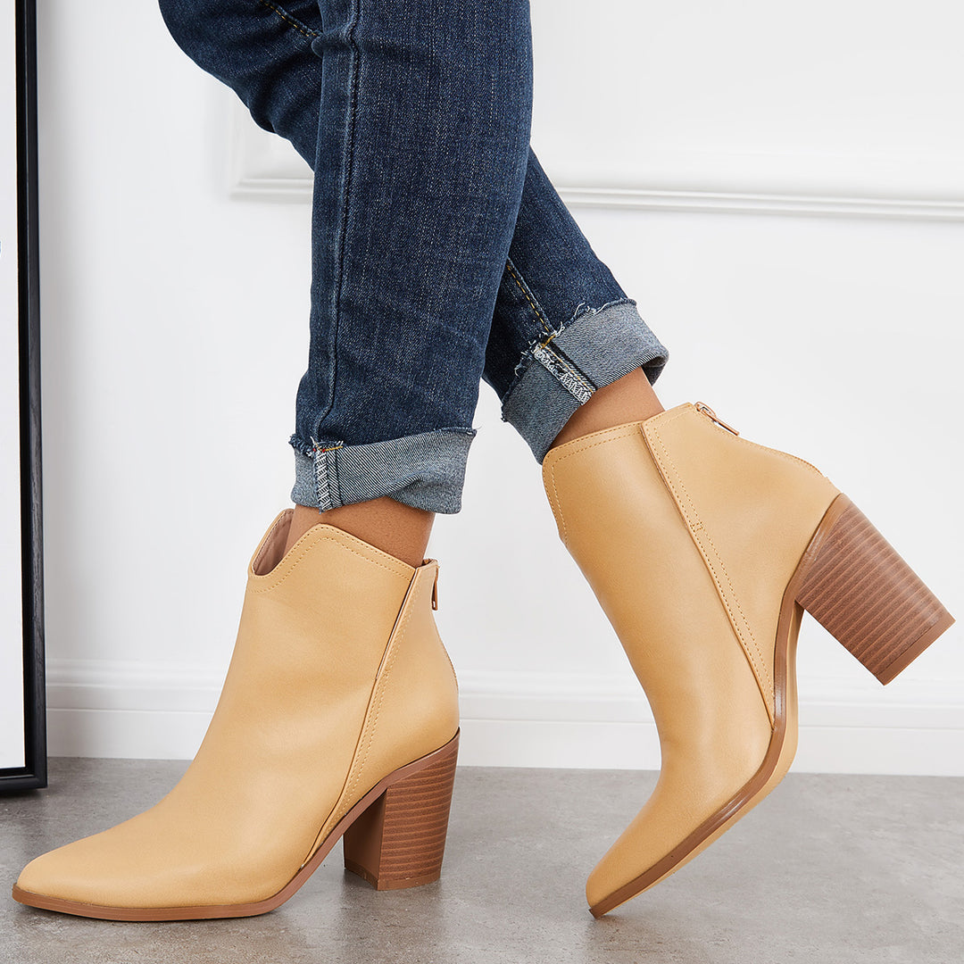 Women Ankle Boots Cutout Pointed Toe Chunky Heel Western Booties