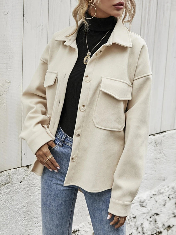 Women Oversized Long Sleeve Shacket Jacket Button Down Wool Blend Coats