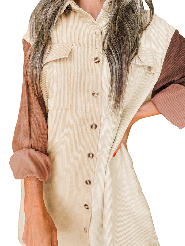 Women Corduroy Jacket Shirts Lapel Long Sleeve Pocket Oversized Button Down Shirt Dress