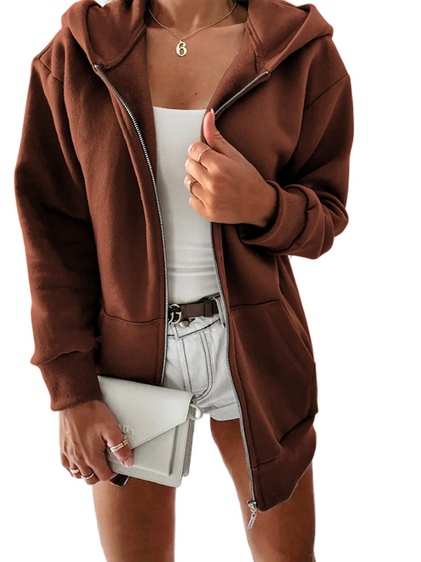Women Casual Full Zip Up Hoodie Comfy Loose Solid Sweatshirt Long Sleeve Jacket