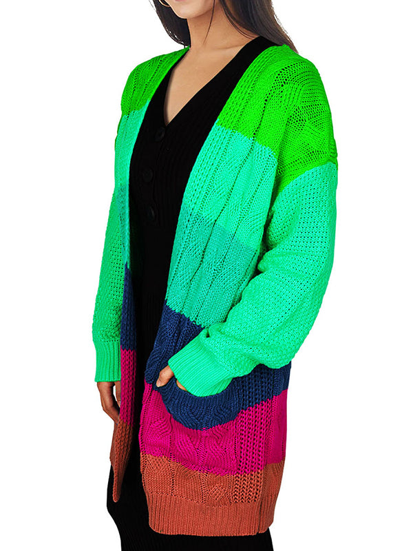 Women Long Sleeve Striped Color Block Open Front Draped Loose Knit Cardigan Sweater Coat