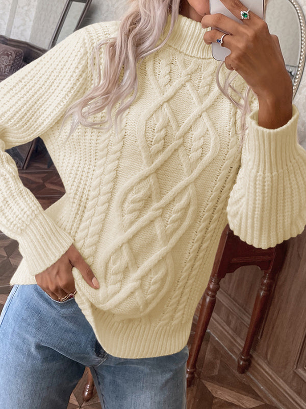 Women Turtleneck Cable Chunky Knit Long Sleeve Knit Pullover Sweater
