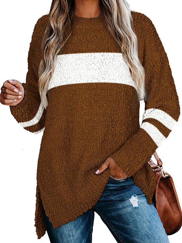 Women Lightweight Fleece Knitted Texture Long Sleeve Split Hem Pullover Sweaters